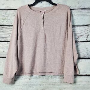 Victoria's Secret Waffle Knit Henley Top L Heather Beige Long Sleeve Thermal Pul